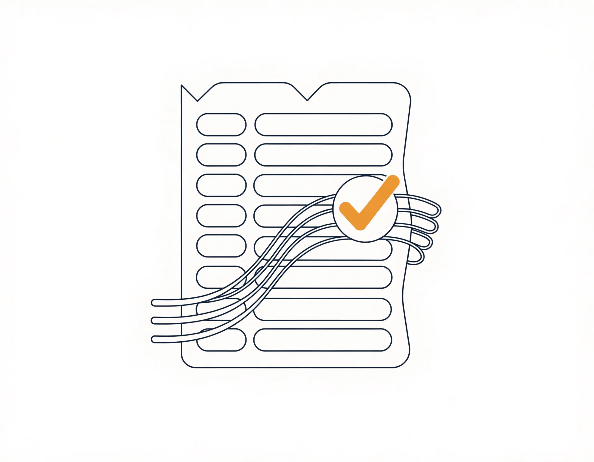 Flat line-art icon of a municipal permit form auto-filling its fields with a single marigold checkmark on the completed field