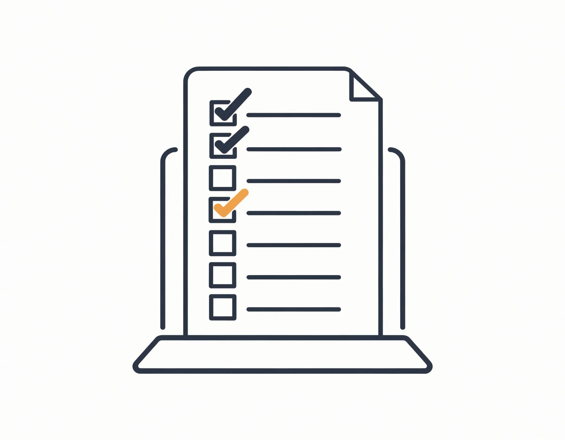 Flat line-art icon of a permit document showing a vertical required-document checklist with items checked in slate and a marigold accent