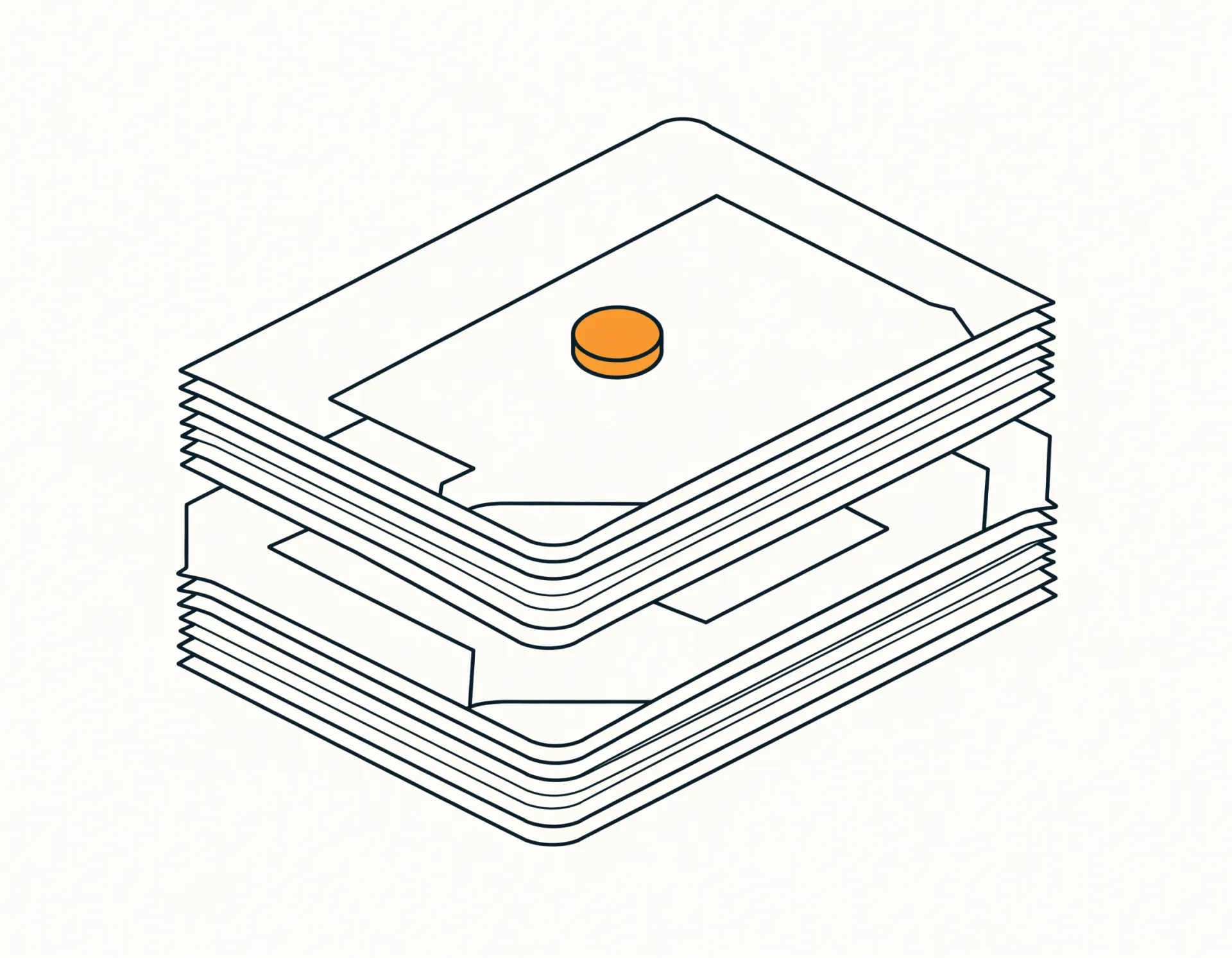 Flat line-art icon of an organized submission-ready permit package — a squared stack of sheets with a marigold approval stamp on top