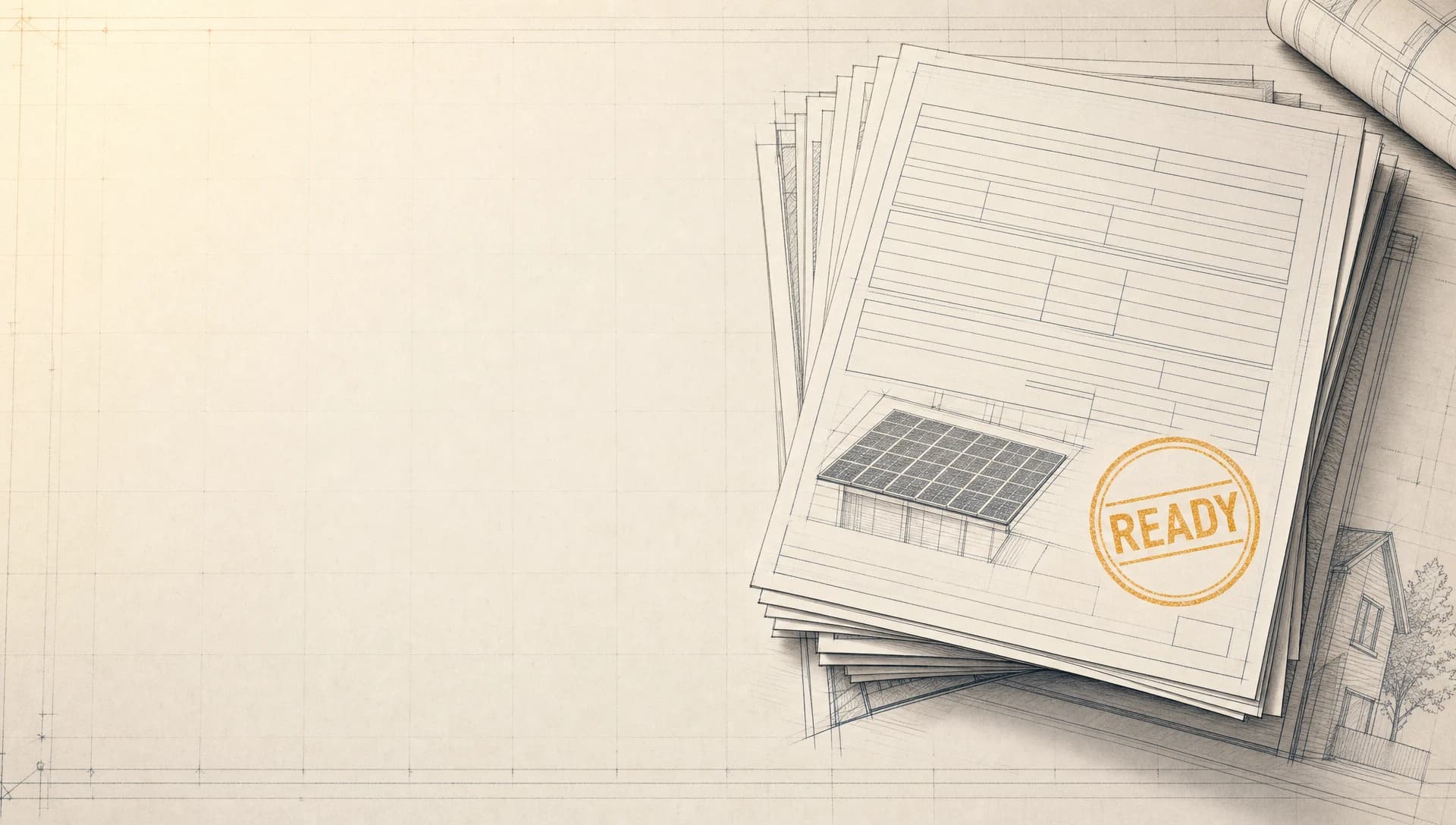 Municipal solar permit forms assembling into a stamped-ready stack, with a marigold approval stamp and a solar-panel diagram on warm drafting paper